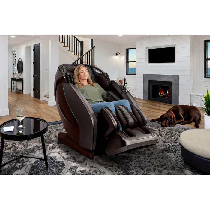 Kyota Hatsumei M900 AI 4D Massage Chair in Black and Dark Brown displayed in a contemporary living room setting showcasing elegant design and luxury comfort.