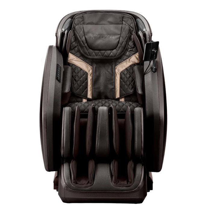Front view of Kyota Hatsumei M900 AI 4D Massage Chair in Black and Dark Brown showing ergonomic design, full-body coverage, and premium dual-tone finish.