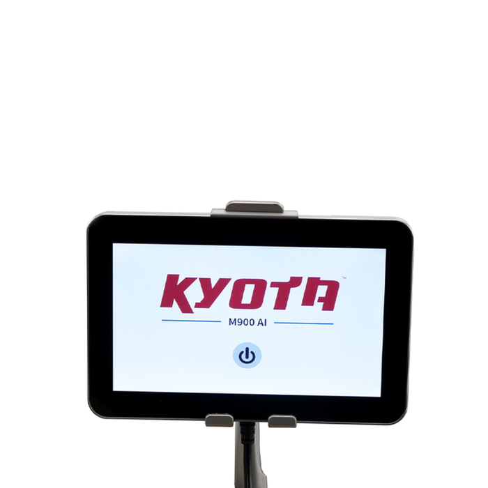 Kyota Hatsumei M900 AI 4D Massage Chair touchscreen tablet remote displaying massage programs and customizable settings.