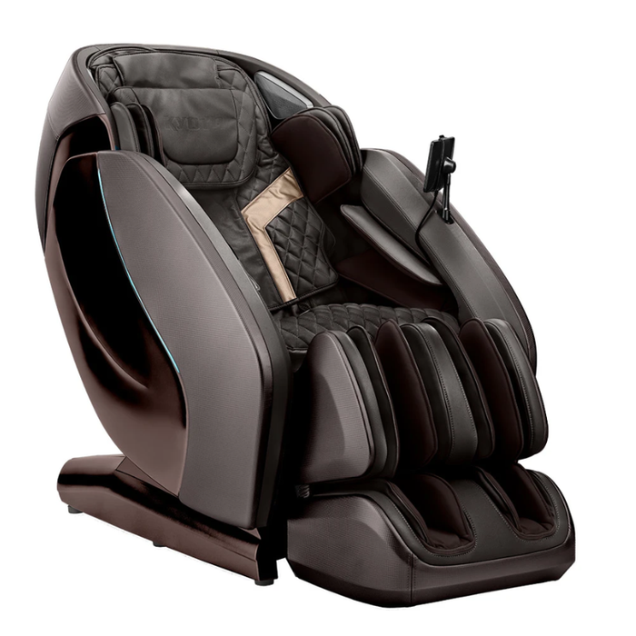 Kyota Hatsumei M900 AI 4D Massage Chair in Black and Dark Brown front angle highlighting luxurious padding, sleek dual-tone finish, and advanced 4D design.