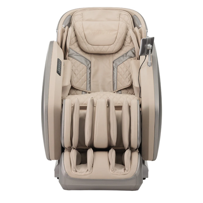 Front view of Kyota Hatsumei M900 AI 4D Massage Chair in Gray and Tan showing ergonomic design, padded armrests, and full-body massage layout.