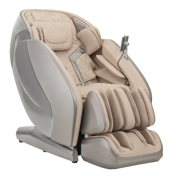 Kyota Hatsumei M900 AI 4D Massage Chair in Gray and Tan front view displayed in a modern living space emphasizing its luxury dual-tone design.