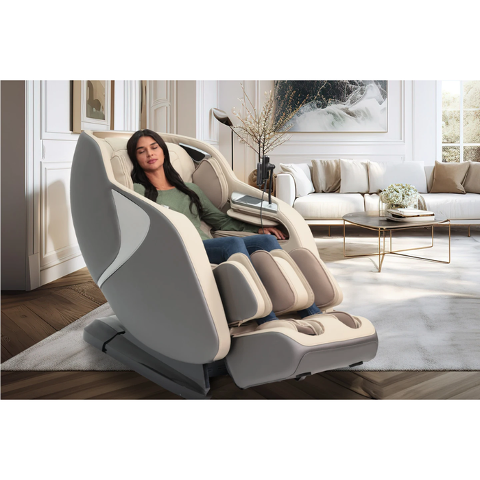 Kyota Joubu M880 4D Massage Chair in Gray and Tan displayed in a modern living room setting, highlighting its elegant design and luxurious full-body comfort.