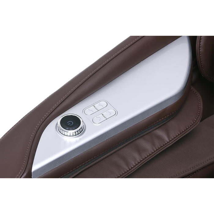 Close-up of Kyota Joubu M880 4D Massage Chair in Black and Brown showing quick access control panel on armrest for easy massage and recline adjustments.