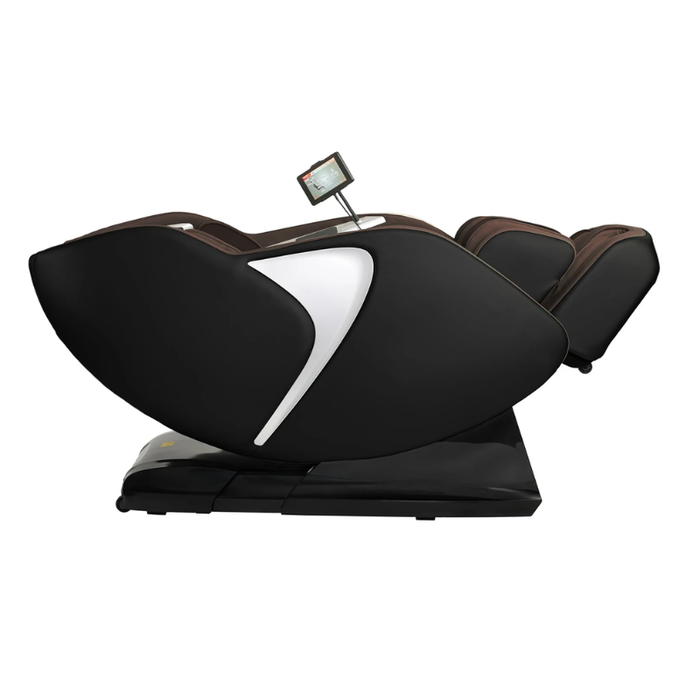 Side view of Kyota Joubu M880 4D Massage Chair in Black and Dark Brown highlighting sleek contours and modern space-saving design.