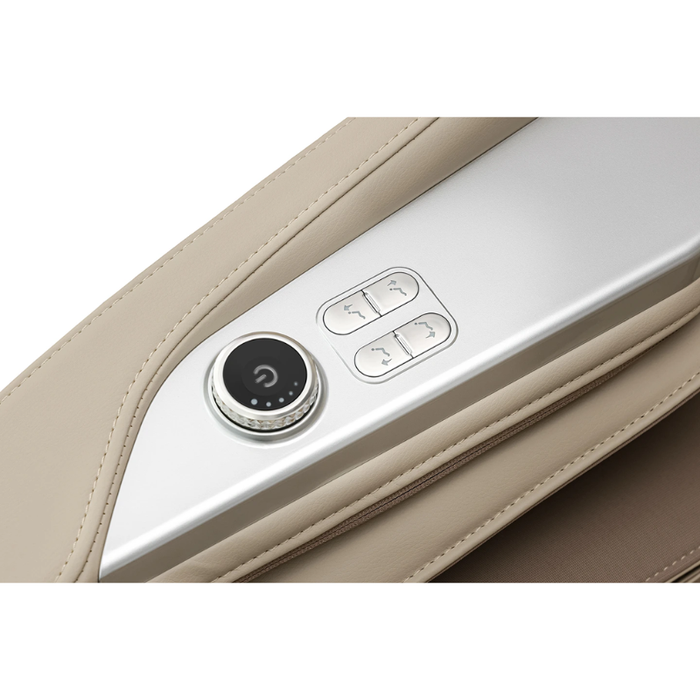 Close-up of Kyota Joubu M880 4D Massage Chair quick access control panel on armrest for easy adjustment of massage settings and recline.