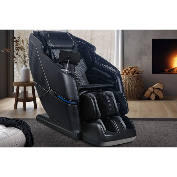 Black Kyota Kizuna M688 massage chair positioned in a living room setting with stylish decor, showing its full-body ergonomic design and luxurious presence.