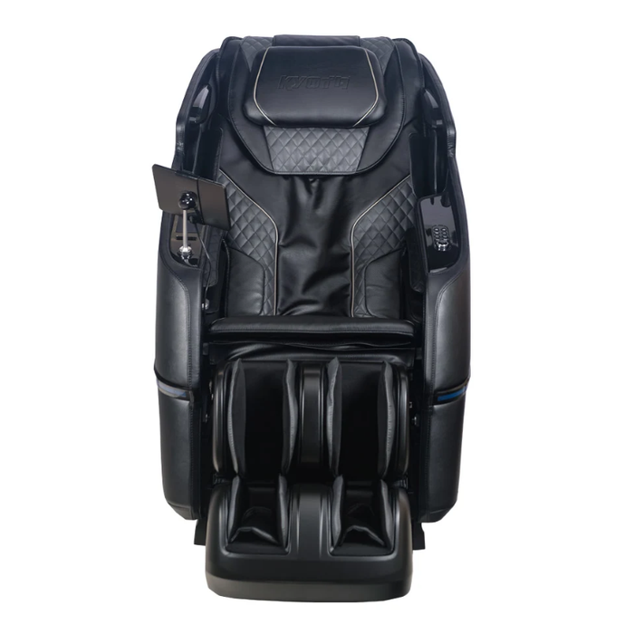 Front-facing view of the black Kyota Kizuna M688 massage chair highlighting its ergonomic design, padded armrests, and full-body massage features.