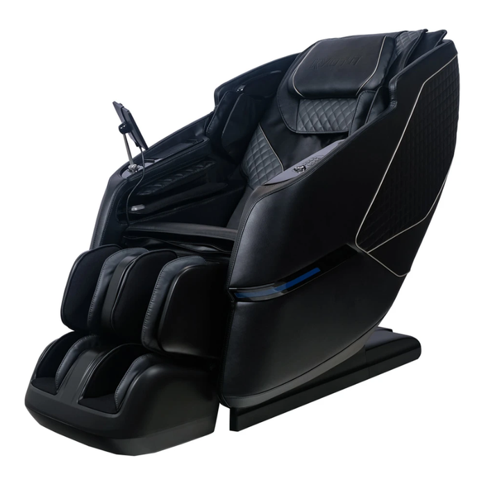 Side view of the black Kyota Kizuna M688 massage chair showcasing its reclining profile, cushioned seating, and integrated massage components.