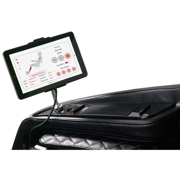 Close-up of the black Kyota Kizuna M688 massage chair’s touchscreen tablet control displaying massage settings.
