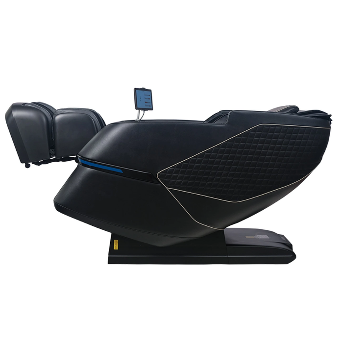 Black Kyota Kizuna M688 massage chair shown in Zero Gravity reclined position with elevated legs and ergonomic support.