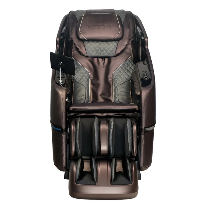 Front-facing view of the brown Kyota Kizuna M688 massage chair highlighting its plush upholstery, ergonomic design, and integrated massage features.