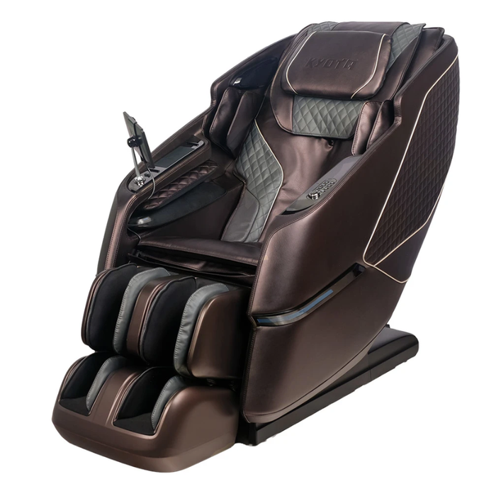 Angled front view of the brown Kyota Kizuna M688 massage chair showcasing its plush upholstery, ergonomic contours, and full-body massage design.