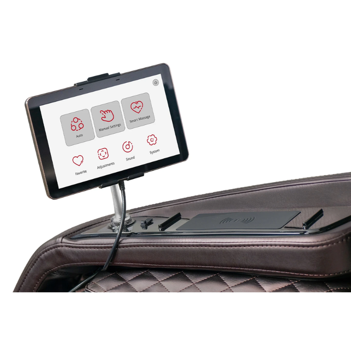 Close-up of the brown Kyota Kizuna M688 massage chair’s touchscreen tablet control displaying massage settings.