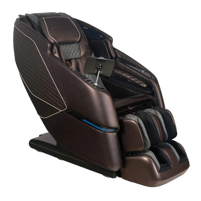 Brown Kyota Kizuna M688 massage chair shown from the front, highlighting its rich upholstery, ergonomic contours, and full-body massage features.