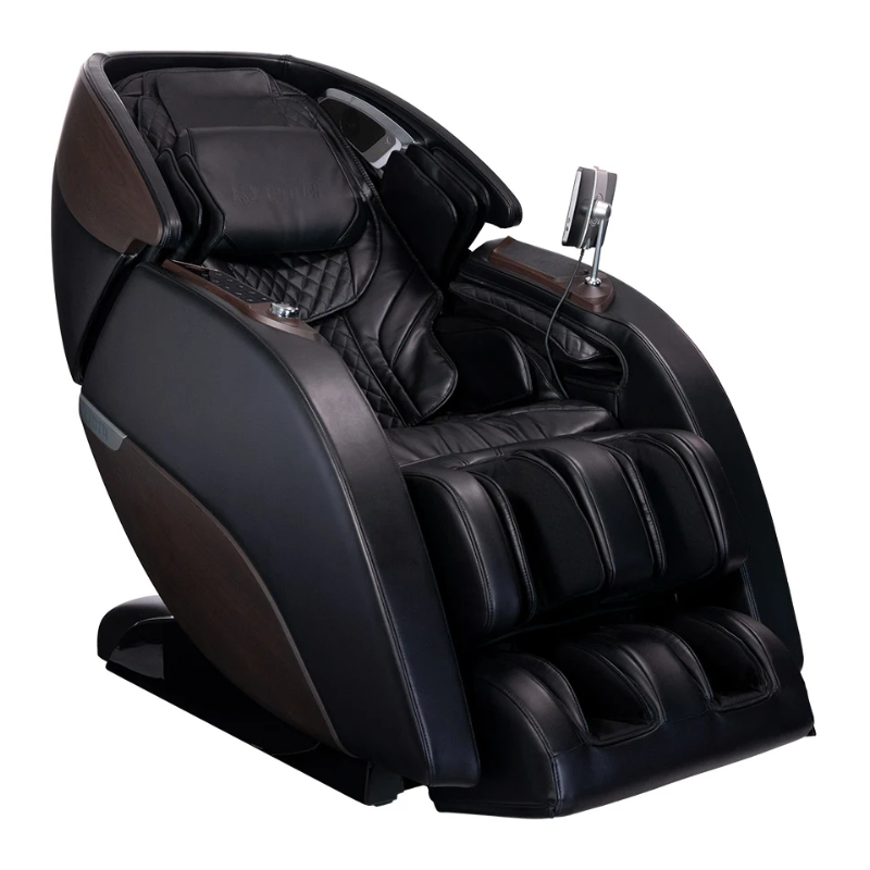 Kyota Nokori M980 Syner-D massage chair in black and brown upholstery, showing the side profile of its modern design with leg rest extended.