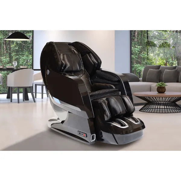 Kyota Yosei M868 4D massage chair in brown in a living room setting.