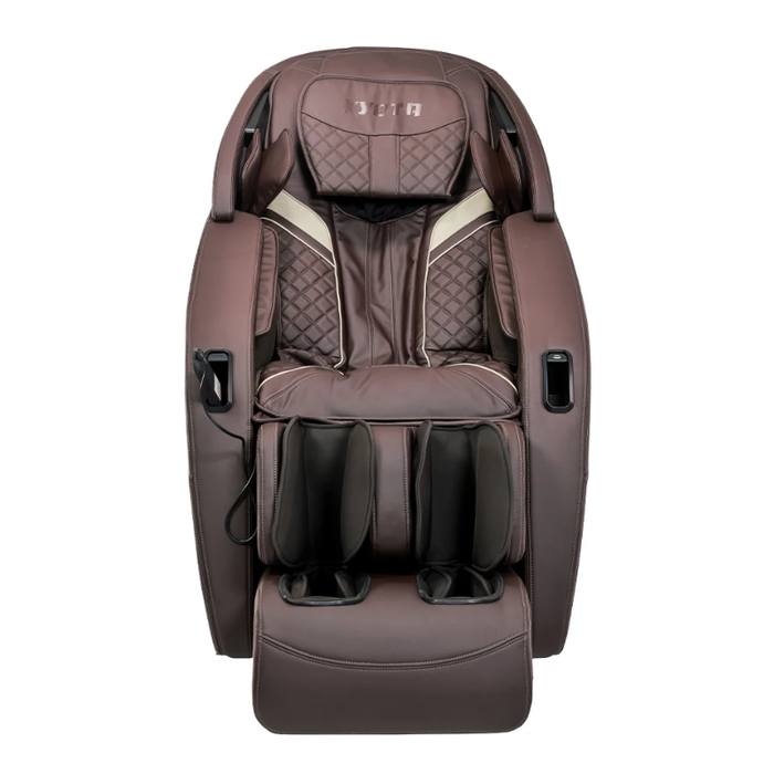 Kyota Yugana M780 4D Massage Chair in rich brown finish, front view highlighting ergonomic seating, integrated armrests, and full-body recline.