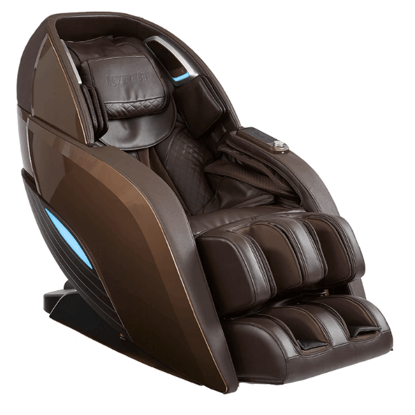 Brown Kyota Yutaka M898 4D massage chair shown from an angled front view.