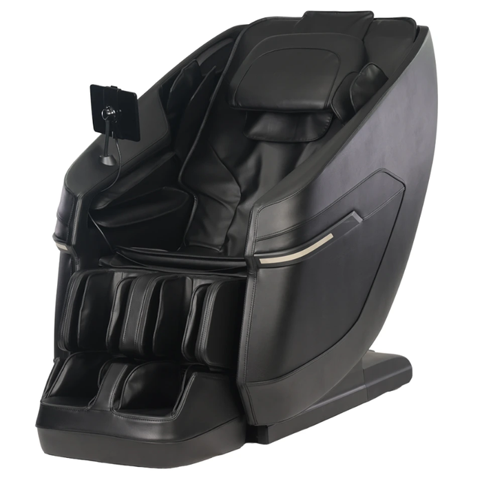 Angled view of the black Kyota Zenyu M338 massage chair showcasing its ergonomic contours, cushioned upholstery, and full-body massage design.