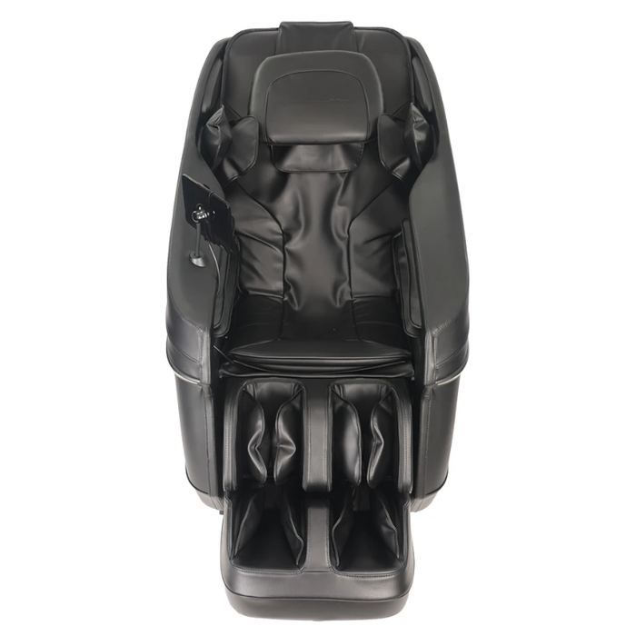 Front-facing view of the black Kyota Zenyu M338 massage chair highlighting its sleek design, cushioned seating, and full-body massage features.