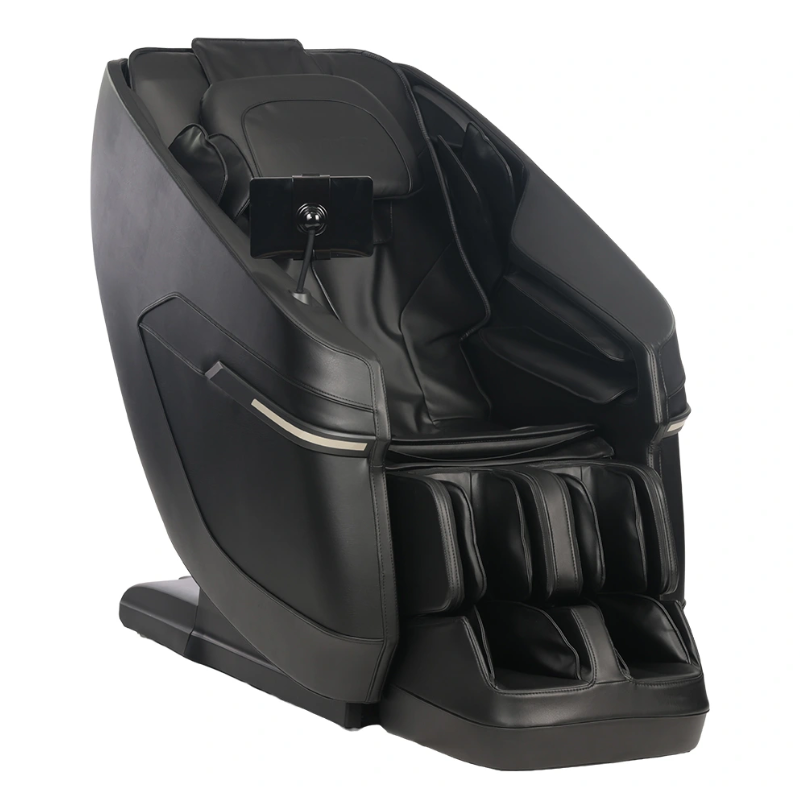 Black Kyota Zenyu M338 massage chair shown from the front, highlighting its sleek upholstery and ergonomic full-body design.