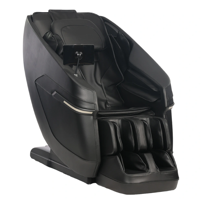 Black Kyota Zenyu M338 massage chair shown from the front, highlighting its sleek upholstery and ergonomic full-body design.