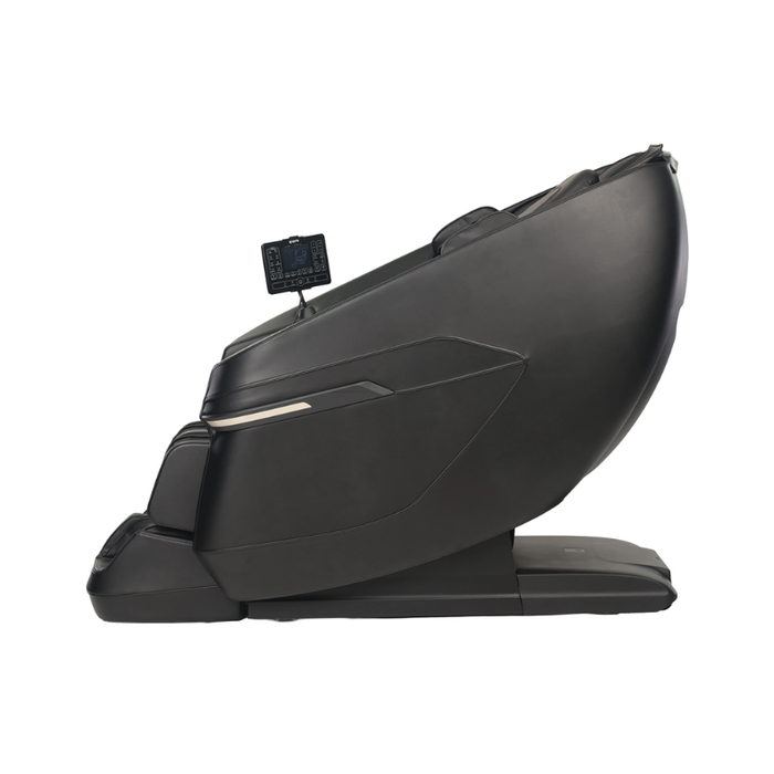 Side profile of the black Kyota Zenyu M338 massage chair highlighting its sleek design and contoured full-body support.