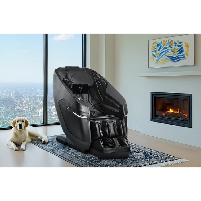 Black Kyota Zenyu M338 massage chair placed in a stylish living room setting, highlighting its sleek design and comfortable, full-body support.