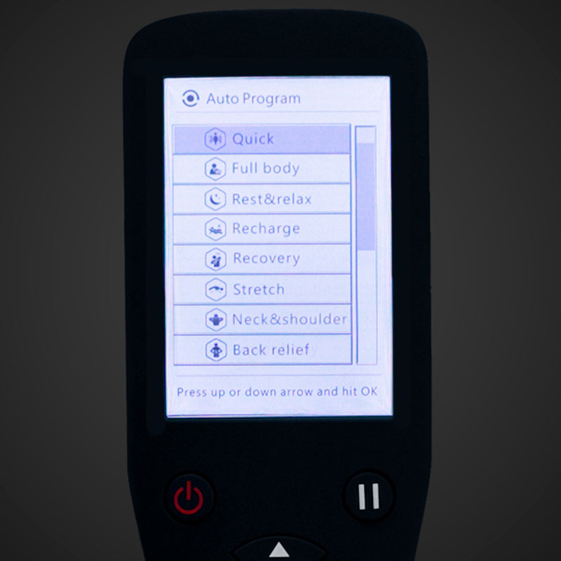 Kyota Genki M380 Massage Chair remote screen showing 12 auto-program options and MyMassage memory settings.