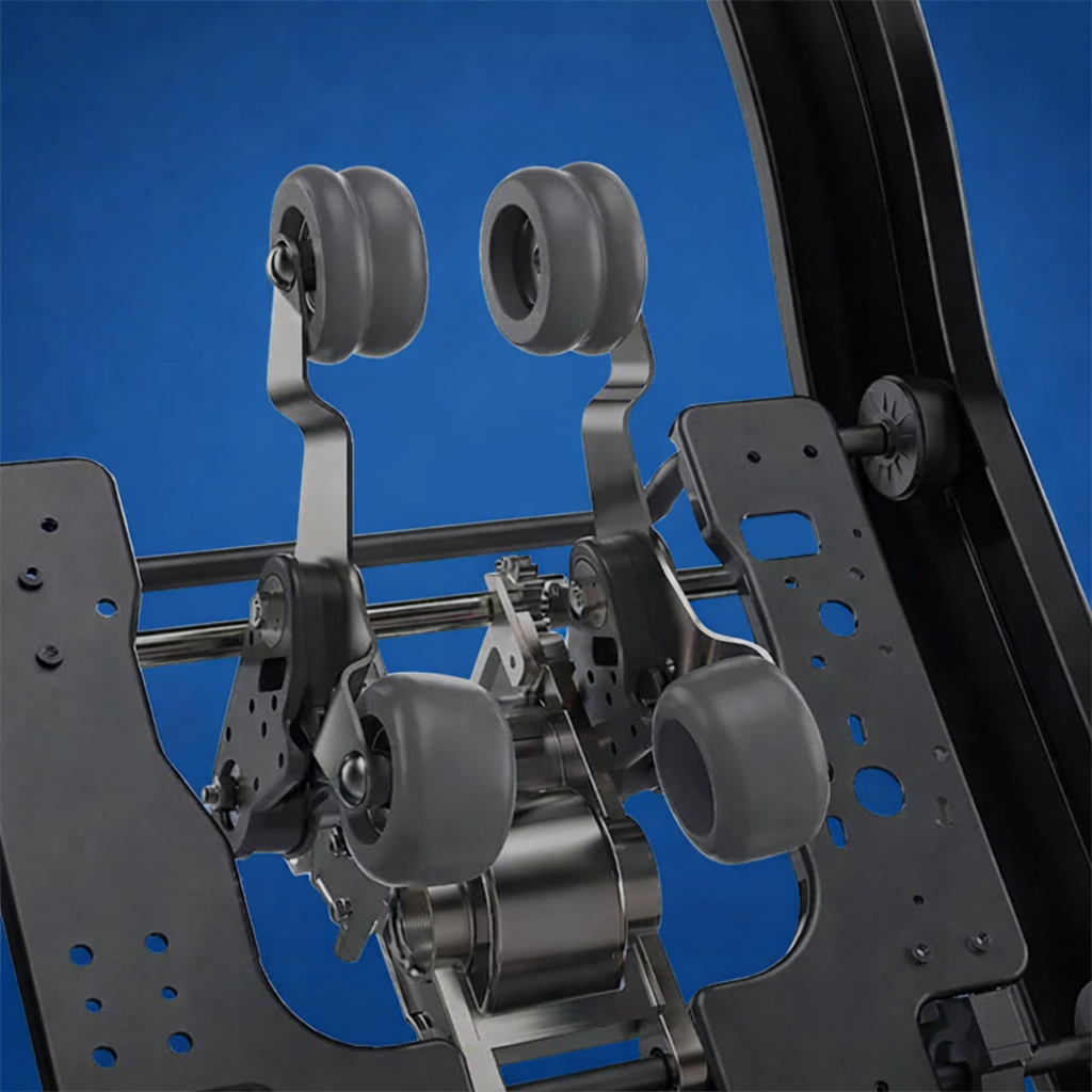 Close-up of Kyota Hatsumei M900 4D massage mechanism with multi-directional rollers for deep tissue back massage.
