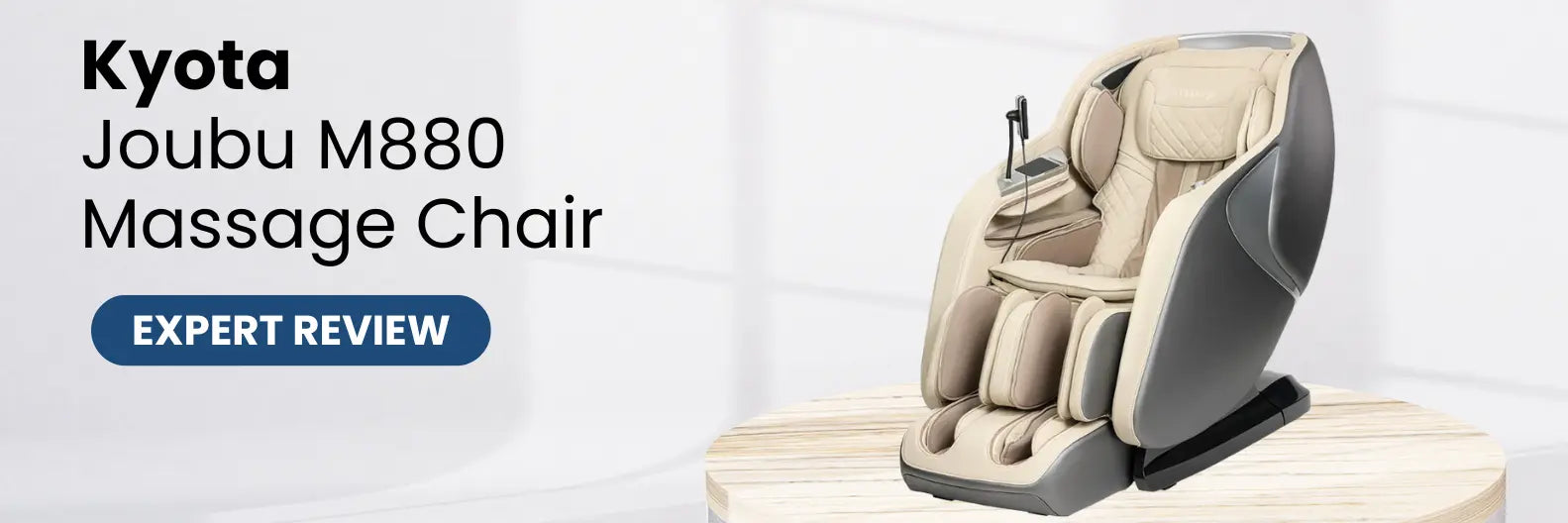 Kyoto Joubu M880 massage chair on a white background with text about an expert review.
