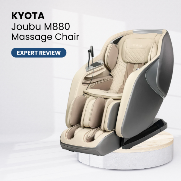 Kyota Joubu M880 massage chair on a white background representing a product review.