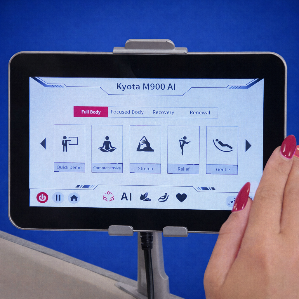 Kyota Hatsumei M900 touchscreen showing auto massage programs including full body, stretch, recovery, and gentle modes.