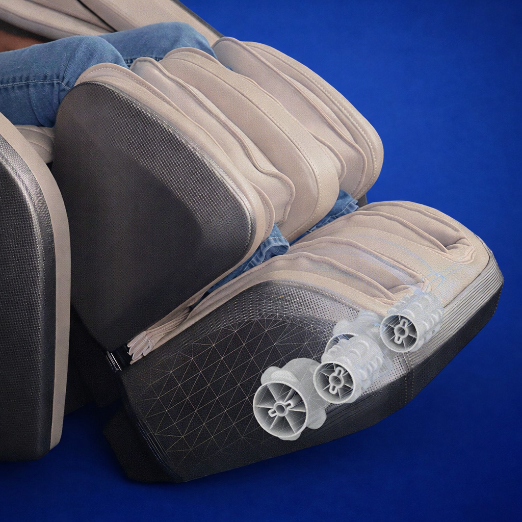 Kyota Hatsumei M900 foot reflexology rollers with dual massage nodes targeting pressure points on feet and calves.