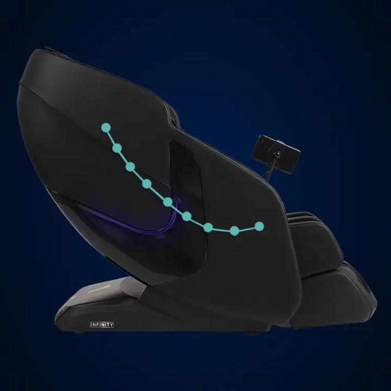 Side view of the Infinity Solstice Deluxe Massage Chair showcasing its L-Track design, extending from the neck down to the glutes, providing comprehensive coverage for a full-body massage experience.