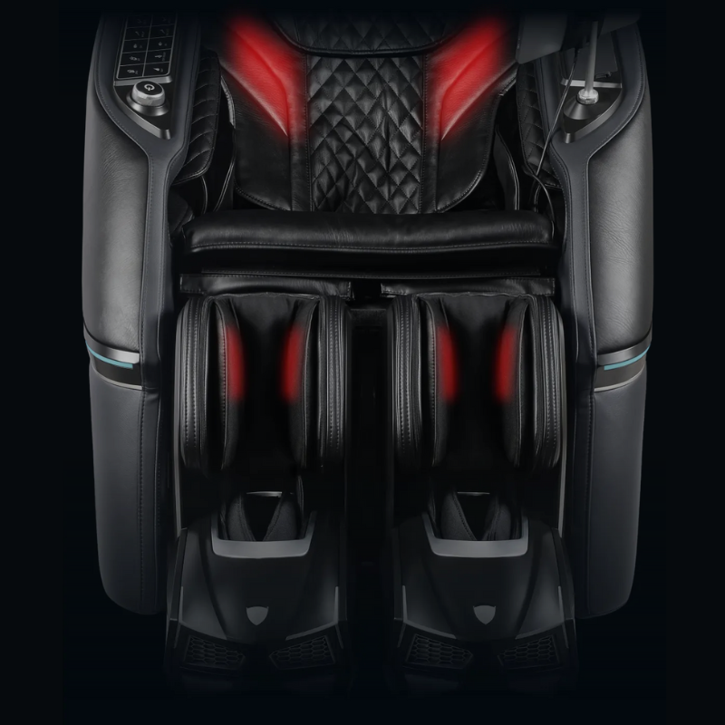 Osaki Trion massage chair highlighting heating therapy zones in the lumbar area and calves to soothe muscle tension.