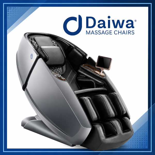 Daiwa Supreme Hybrid massage chair displayed with Daiwa Massage Chairs branding and blue accent frame.