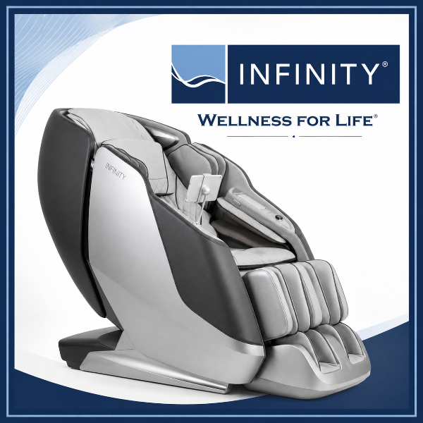 Infinity massage chair displayed with Infinity Wellness for Life branding and blue accent frame.