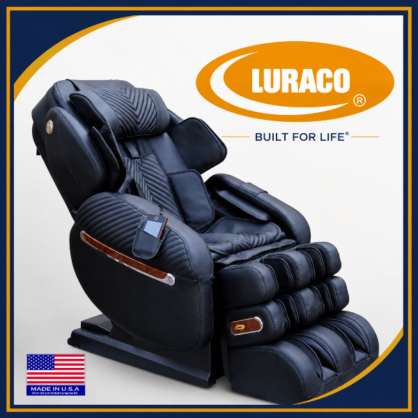 Luraco i9 Max Special Edition massage chair displayed with Luraco branding and Made in USA badge.