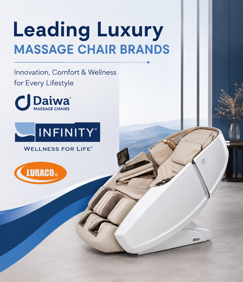 Leading Luxury Massage Chair Brands mobile banner showcasing the Daiwa Supreme Hybrid massage chair with Daiwa, Infinity, and Luraco branding against a contemporary wellness-inspired backdrop.