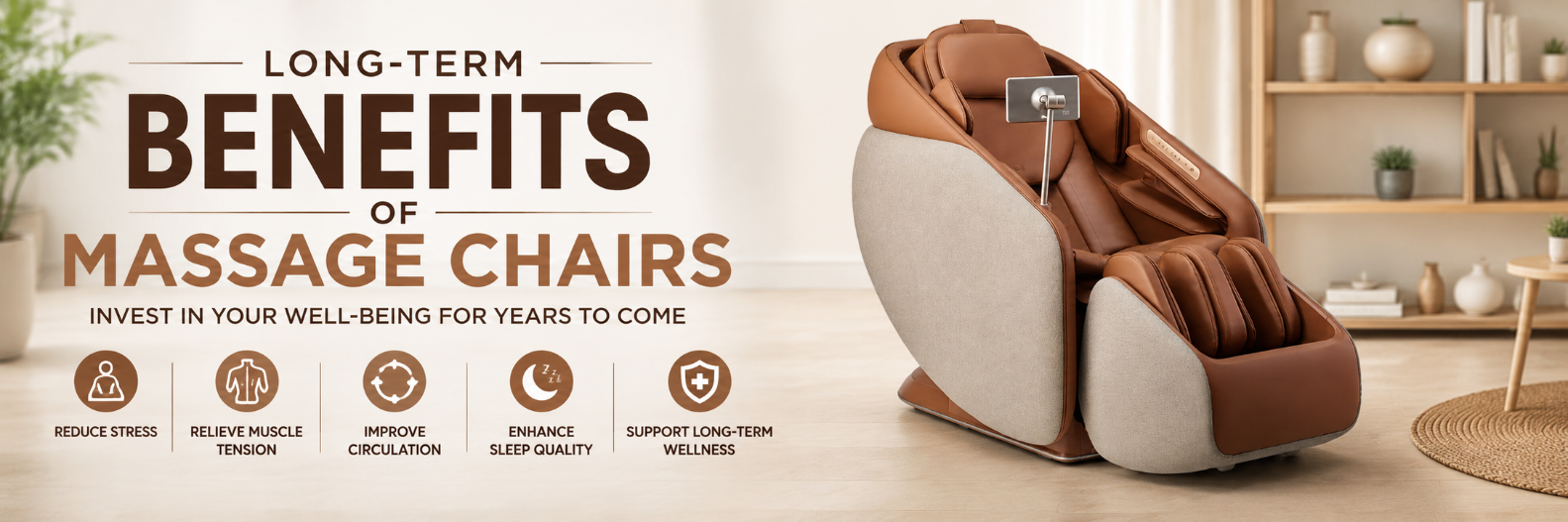 Premium massage chair displayed in a modern home setting with infographic highlighting the long-term benefits of massage chairs, including stress relief, muscle recovery, improved circulation, better sleep, and overall wellness.