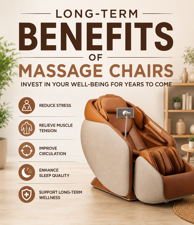Mobile infographic featuring a luxury massage chair with icons showcasing long-term benefits such as reduced stress, muscle relief, improved circulation, enhanced sleep, and overall well-being.
