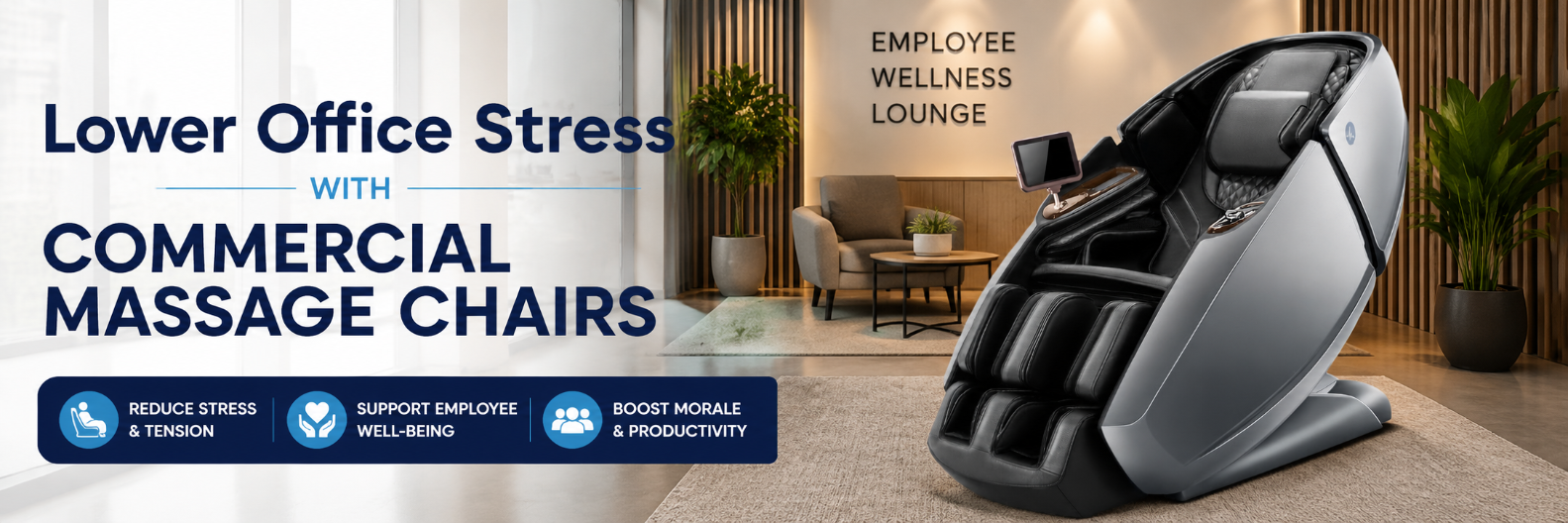 Commercial massage chair in an employee wellness lounge designed to help reduce workplace stress, improve employee well-being, and support office productivity.