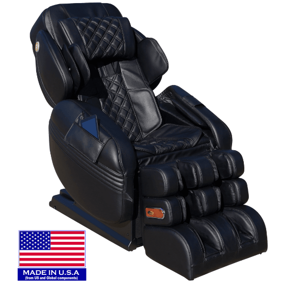 A black Luraco Model 3 Hybrid SL Medical 3D Massage Chair with a quilted backrest, seat, and leg rests, featuring control buttons and a flag indicating 'Made in U.S.