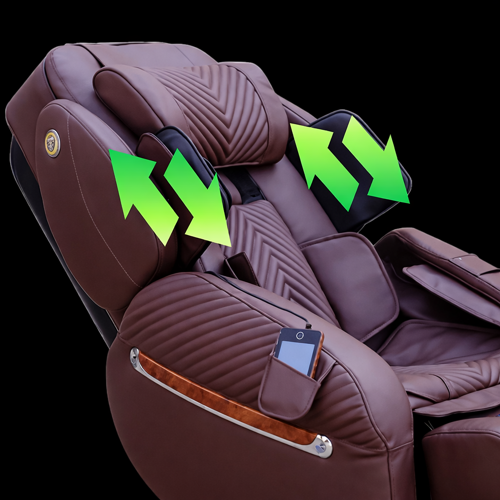 Illustration of patented position adjustable bicep and shoulder massagers on the Luraco i9 Max Special Edition massage chair.