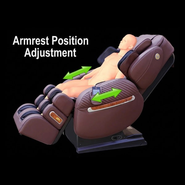 Illustration of adjustable armrest positioning and arm massage on the Luraco i9 Max Special Edition massage chair.