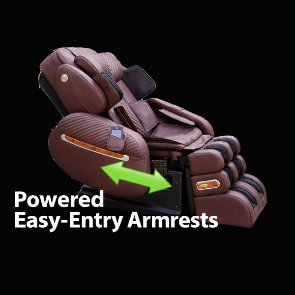 Illustration of sliding easy entry armrests on the Luraco i9 Max Special Edition massage chair.