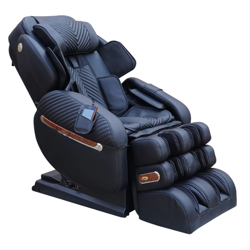 Luraco i9 Max SE full body massage chair featuring a split L-Track, dual 3D butterfly rollers, and Made in USA craftsmanship.