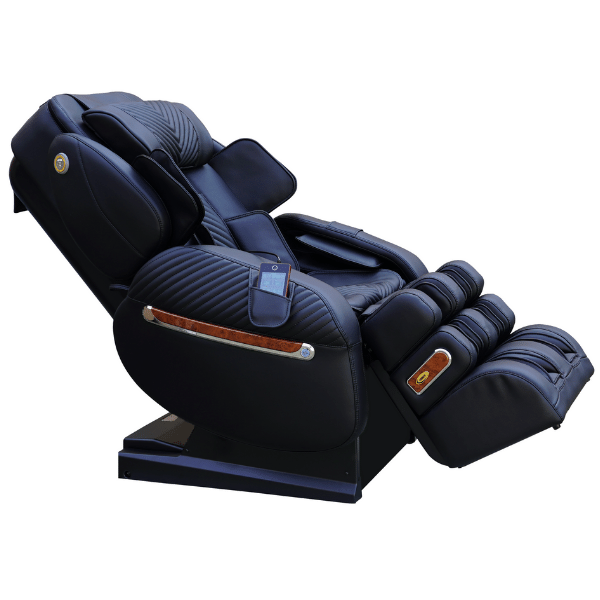 A black Luraco i9 Max SE massage chair with a wood-grain accent strip and a small control screen, shown in a fully extended position against a plain white background.